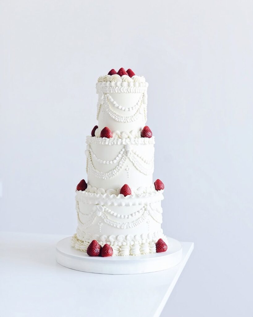 Трехъярусный свадебный торт с клубникой